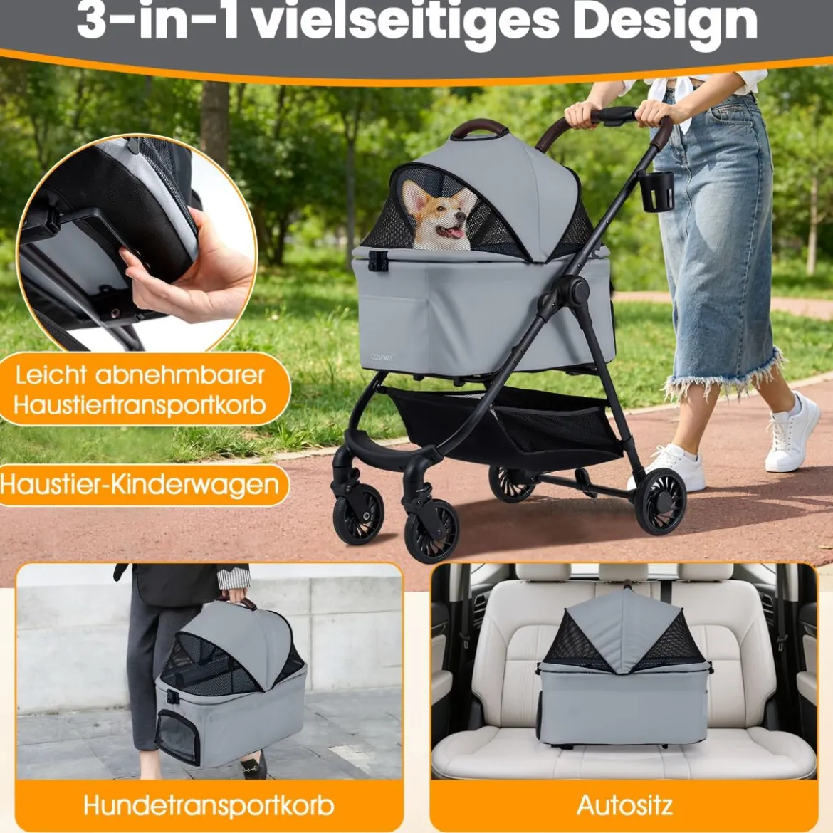 3 in 1 Haustierbuggy mit Abnehmbarem Träger & Verstellbarem Netzdach Hundebuggy Grau