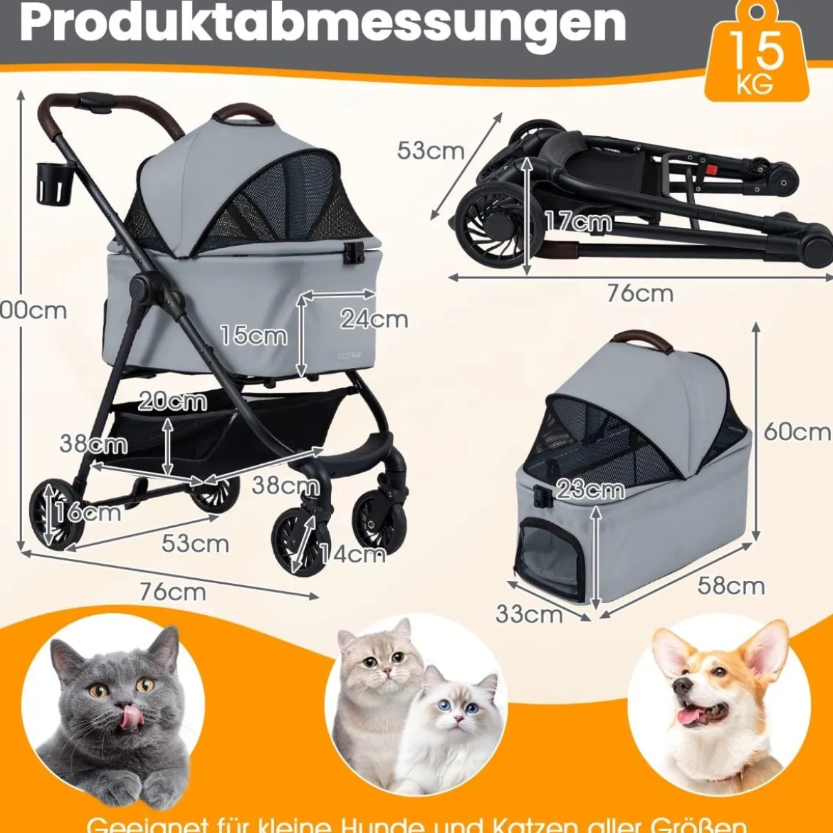 3 in 1 Haustierbuggy mit Abnehmbarem Träger & Verstellbarem Netzdach Hundebuggy Grau