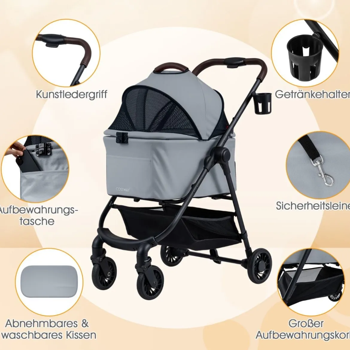 3 in 1 Haustierbuggy mit Abnehmbarem Träger & Verstellbarem Netzdach Hundebuggy Grau