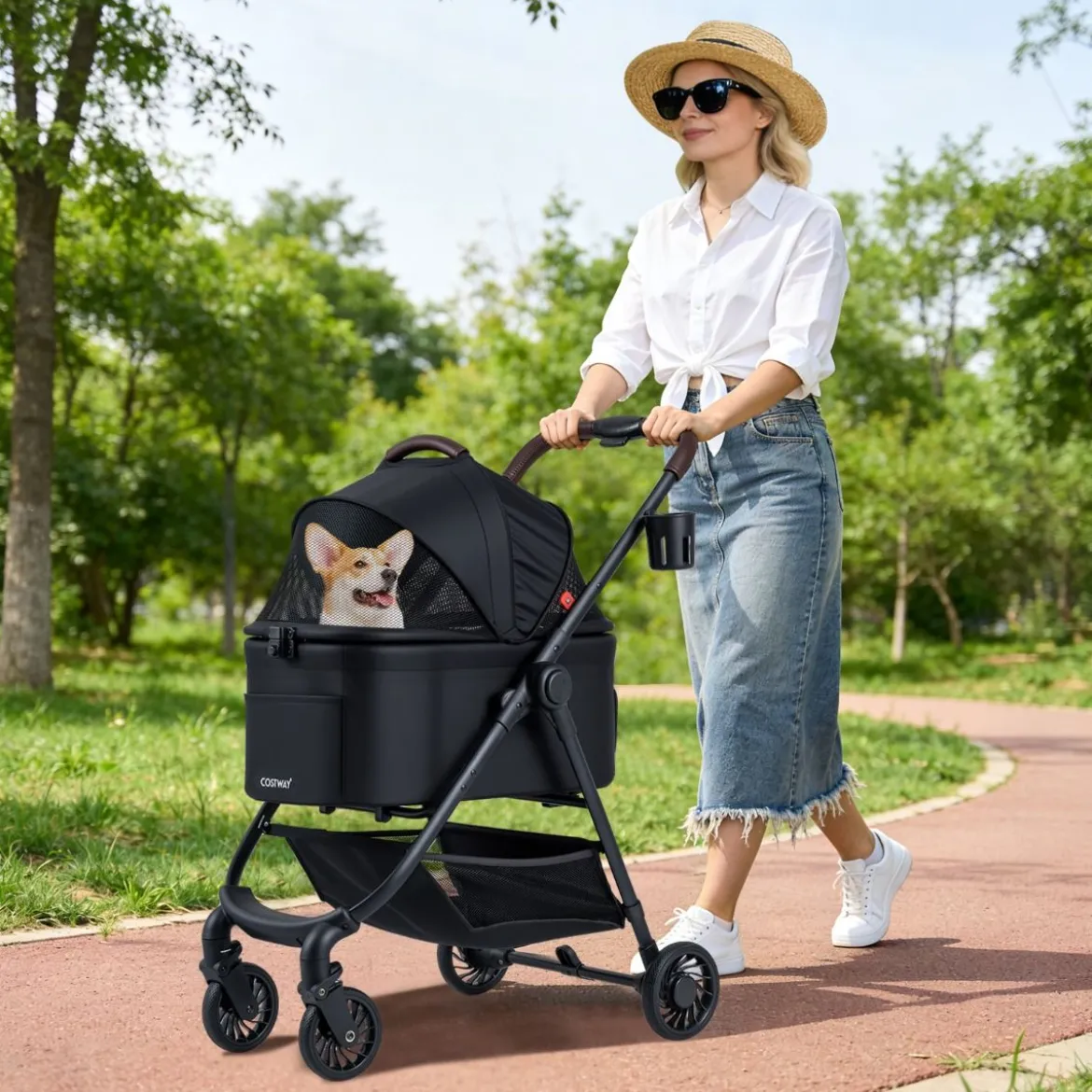 3 in 1 Haustierbuggy mit Abnehmbarem Träger & Verstellbarem Netzdach Hundebuggy Schwarz