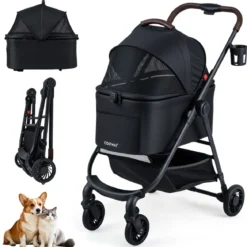 3 in 1 Haustierbuggy mit Abnehmbarem Träger & Verstellbarem Netzdach Hundebuggy Schwarz