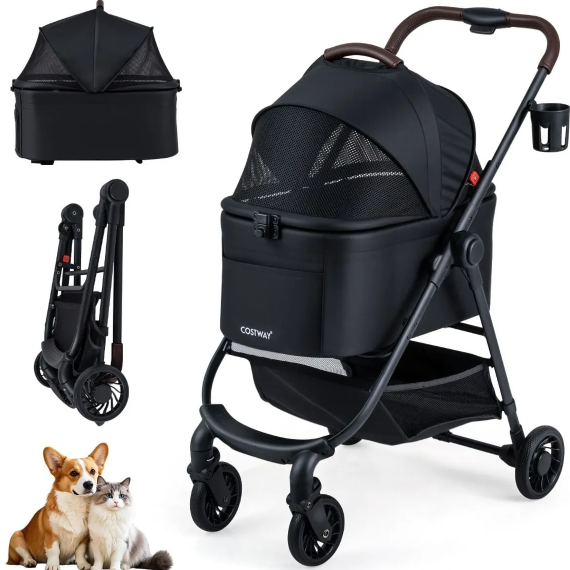 3 in 1 Haustierbuggy mit Abnehmbarem Träger & Verstellbarem Netzdach Hundebuggy Schwarz