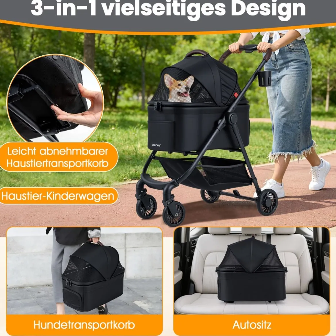 3 in 1 Haustierbuggy mit Abnehmbarem Träger & Verstellbarem Netzdach Hundebuggy Schwarz