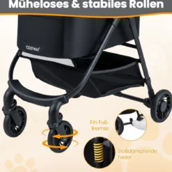 3 in 1 Haustierbuggy mit Abnehmbarem Träger & Verstellbarem Netzdach Hundebuggy Schwarz
