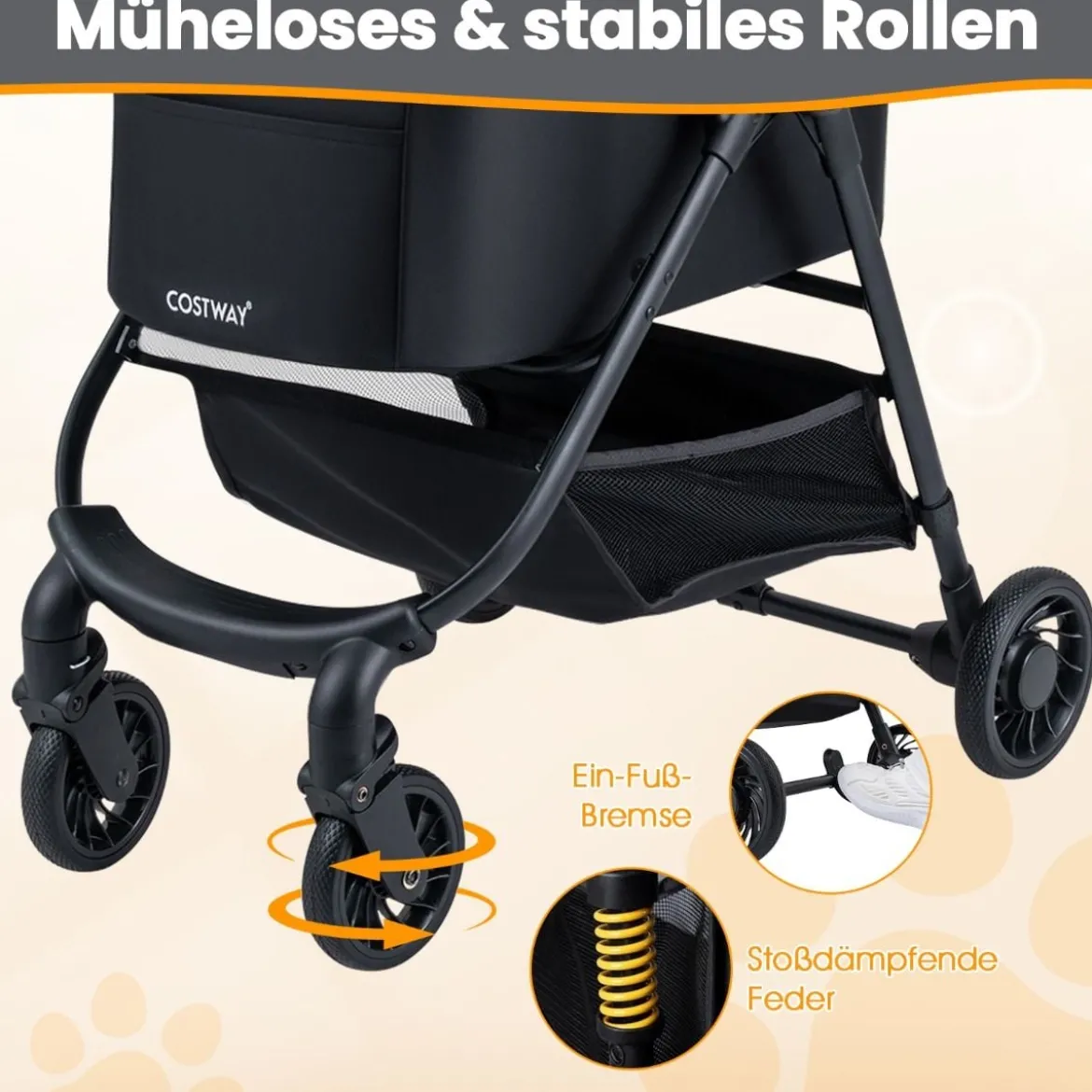 3 in 1 Haustierbuggy mit Abnehmbarem Träger & Verstellbarem Netzdach Hundebuggy Schwarz