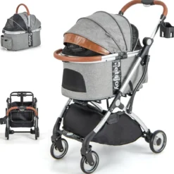 3 in 1 Haustierwagen bis 15 kg mit Wasserdichter Abdeckung Aufbewahrungskorb & Teleskopgriff