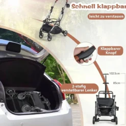 3 in 1 Haustierwagen bis 15 kg mit Wasserdichter Abdeckung Aufbewahrungskorb & Teleskopgriff