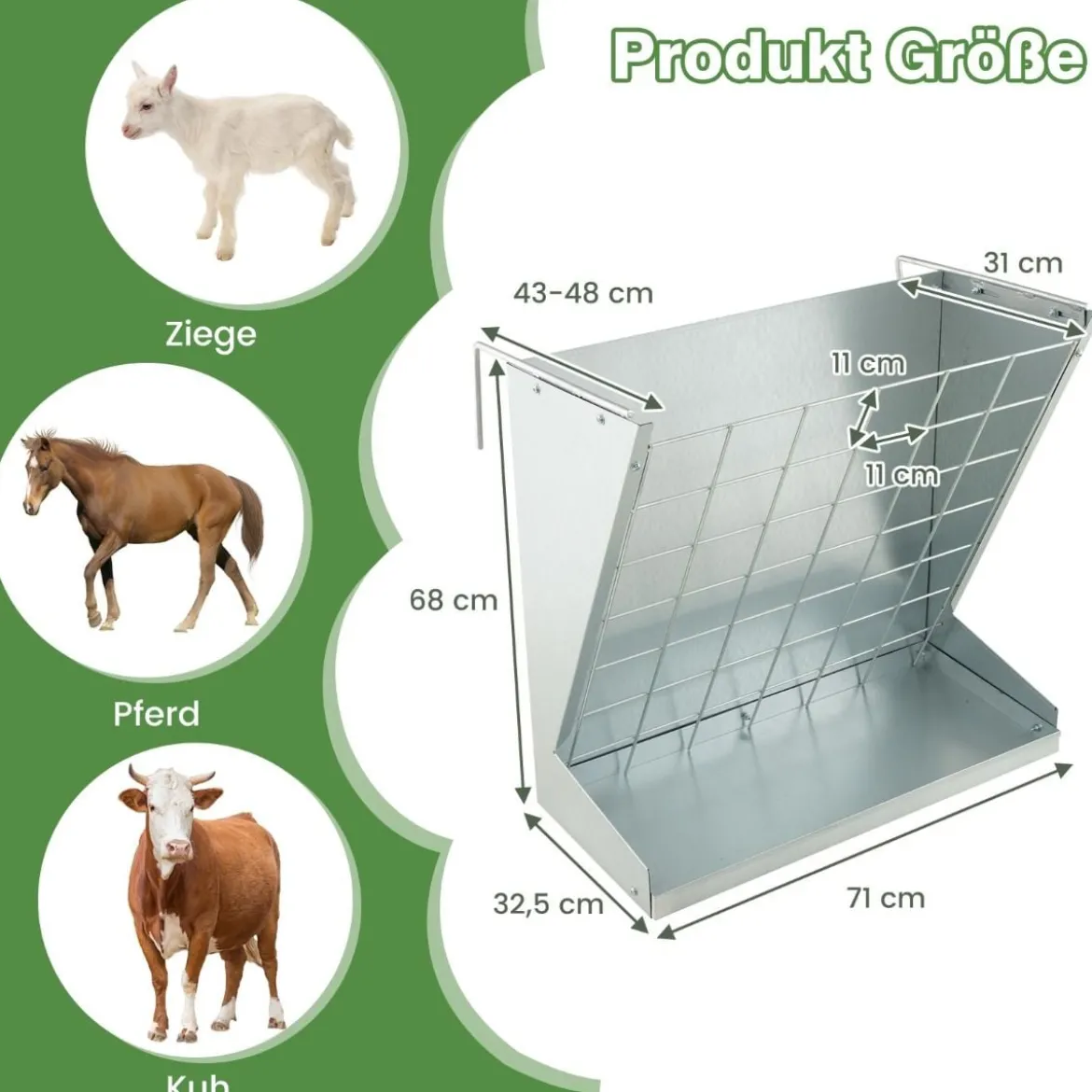 2 in 1 Heu- & Getreidetränke aus Verzinktem Metall mit Verstellbarem Abstand & Maschennetz