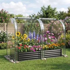 3 in 1 Hochbeet mit Gewächshaus Metall Pflanzkasten mit PVC-Abdeckung & 2 Fenstern Frühbeet Schwarz/Silber