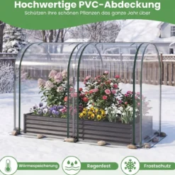 3 in 1 Hochbeet mit Gewächshaus Metall Pflanzkasten mit PVC-Abdeckung & 2 Fenstern Frühbeet Schwarz/Silber
