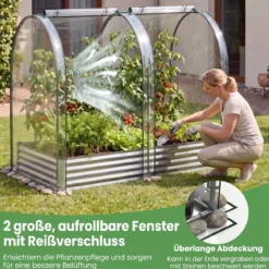 3 in 1 Hochbeet mit Gewächshaus Metall Pflanzkasten mit PVC-Abdeckung & 2 Fenstern Frühbeet Schwarz/Silber