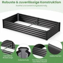 3 in 1 Hochbeet mit Gewächshaus Metall Pflanzkasten mit PVC-Abdeckung & 2 Fenstern Frühbeet Schwarz/Silber