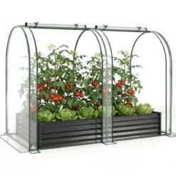 3 in 1 Hochbeet mit Gewächshaus Metall Pflanzkasten mit PVC-Abdeckung & 2 Fenstern Frühbeet Schwarz/Silber