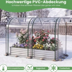 3 in 1 Hochbeet mit Gewächshaus Metall Pflanzkasten mit PVC-Abdeckung & 2 Fenstern Frühbeet Schwarz/Silber