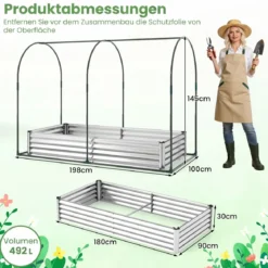 3 in 1 Hochbeet mit Gewächshaus Metall Pflanzkasten mit PVC-Abdeckung & 2 Fenstern Frühbeet Schwarz/Silber