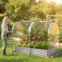 3 in 1 Hochbeet mit Gewächshaus Metall Pflanzkasten mit PVC-Abdeckung & 2 Fenstern Frühbeet Schwarz/Silber