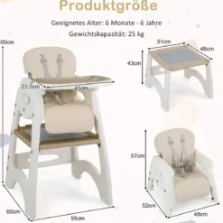 6 in 1 Hochstuhl mit Lerntisch & Abnehmbarem Doppeltablett & Sicherheitsgurt Beige