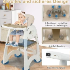 6 in 1 Hochstuhl mit Lerntisch & Abnehmbarem Doppeltablett & Sicherheitsgurt Beige