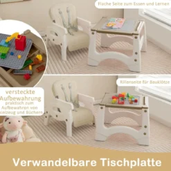 6 in 1 Hochstuhl mit Lerntisch & Abnehmbarem Doppeltablett & Sicherheitsgurt Beige