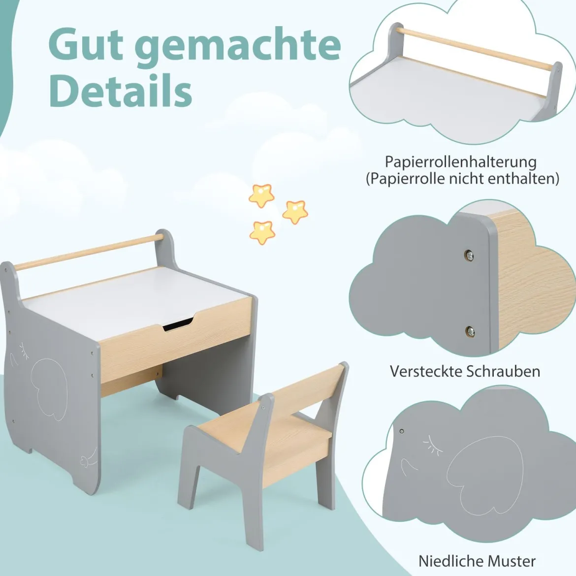 3 in 1 Holz Kindersitzgruppe mit Wendbarer & Abnembarer TischplatteKindertisch mit Stuhl Grau