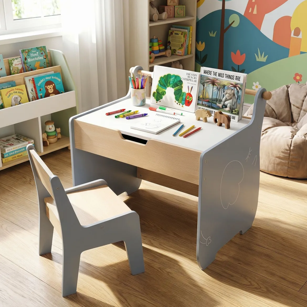 3 in 1 Holz Kindersitzgruppe mit Wendbarer & Abnembarer TischplatteKindertisch mit Stuhl Grau