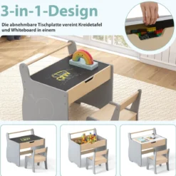3 in 1 Holz Kindersitzgruppe mit Wendbarer & Abnembarer TischplatteKindertisch mit Stuhl Grau