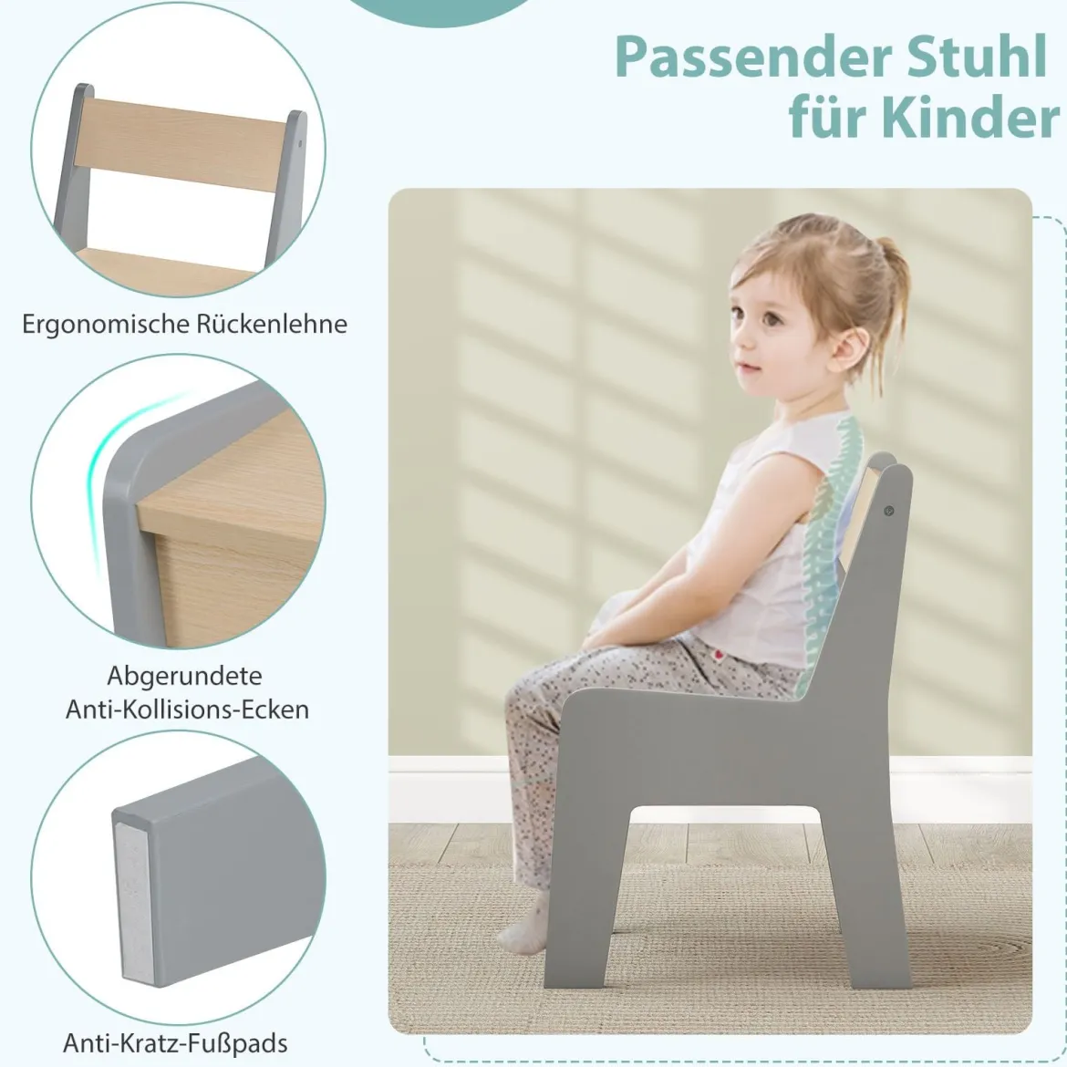 3 in 1 Holz Kindersitzgruppe mit Wendbarer & Abnembarer TischplatteKindertisch mit Stuhl Grau
