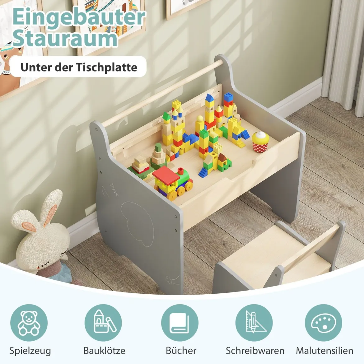 3 in 1 Holz Kindersitzgruppe mit Wendbarer & Abnembarer TischplatteKindertisch mit Stuhl Grau