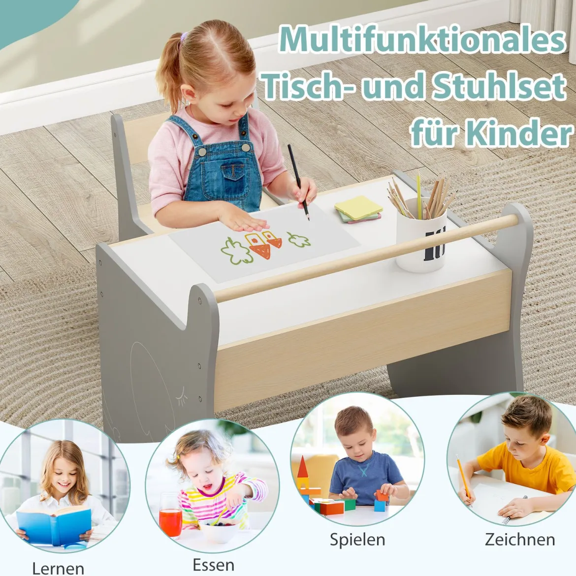 3 in 1 Holz Kindersitzgruppe mit Wendbarer & Abnembarer TischplatteKindertisch mit Stuhl Grau