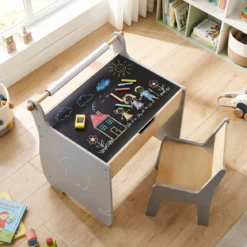 3 in 1 Holz Kindersitzgruppe mit Wendbarer & Abnembarer TischplatteKindertisch mit Stuhl Grau