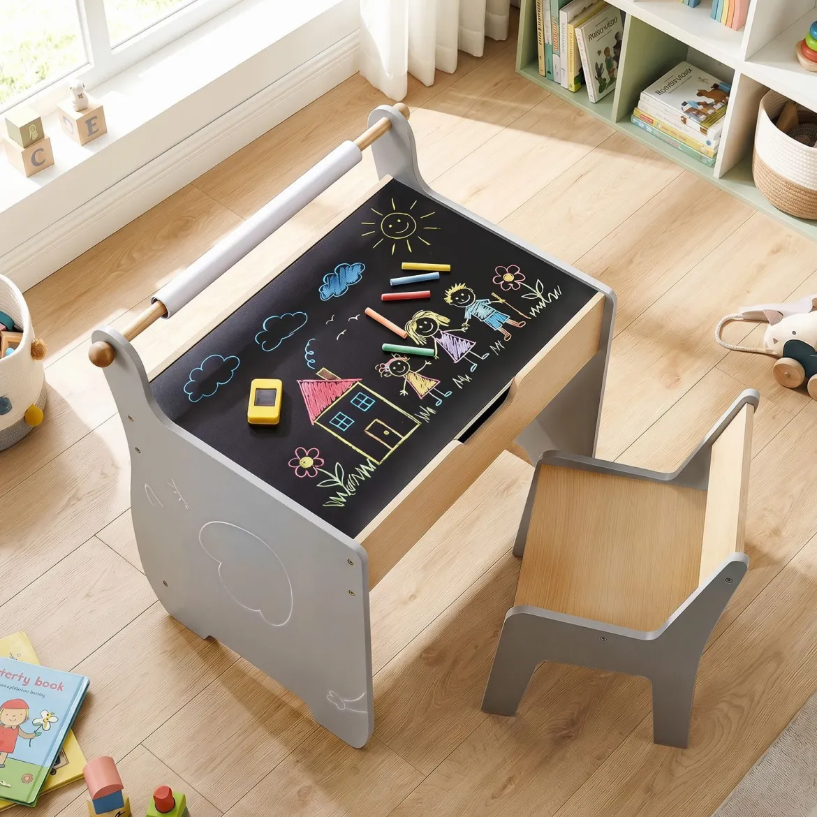 3 in 1 Holz Kindersitzgruppe mit Wendbarer & Abnembarer TischplatteKindertisch mit Stuhl Grau