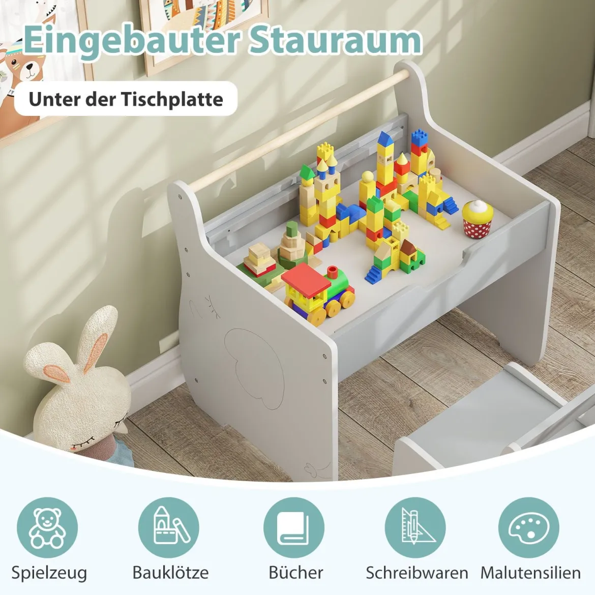 3 in 1 Holz Kindersitzgruppe mit Wendbarer & Abnembarer Tischplatte Kindertisch mit Stuhl Grau+Weiß