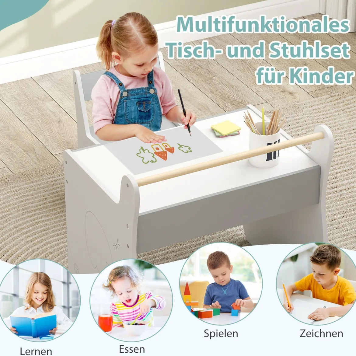 3 in 1 Holz Kindersitzgruppe mit Wendbarer & Abnembarer Tischplatte Kindertisch mit Stuhl Grau+Weiß