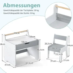3 in 1 Holz Kindersitzgruppe mit Wendbarer & Abnembarer Tischplatte Kindertisch mit Stuhl Grau+Weiß