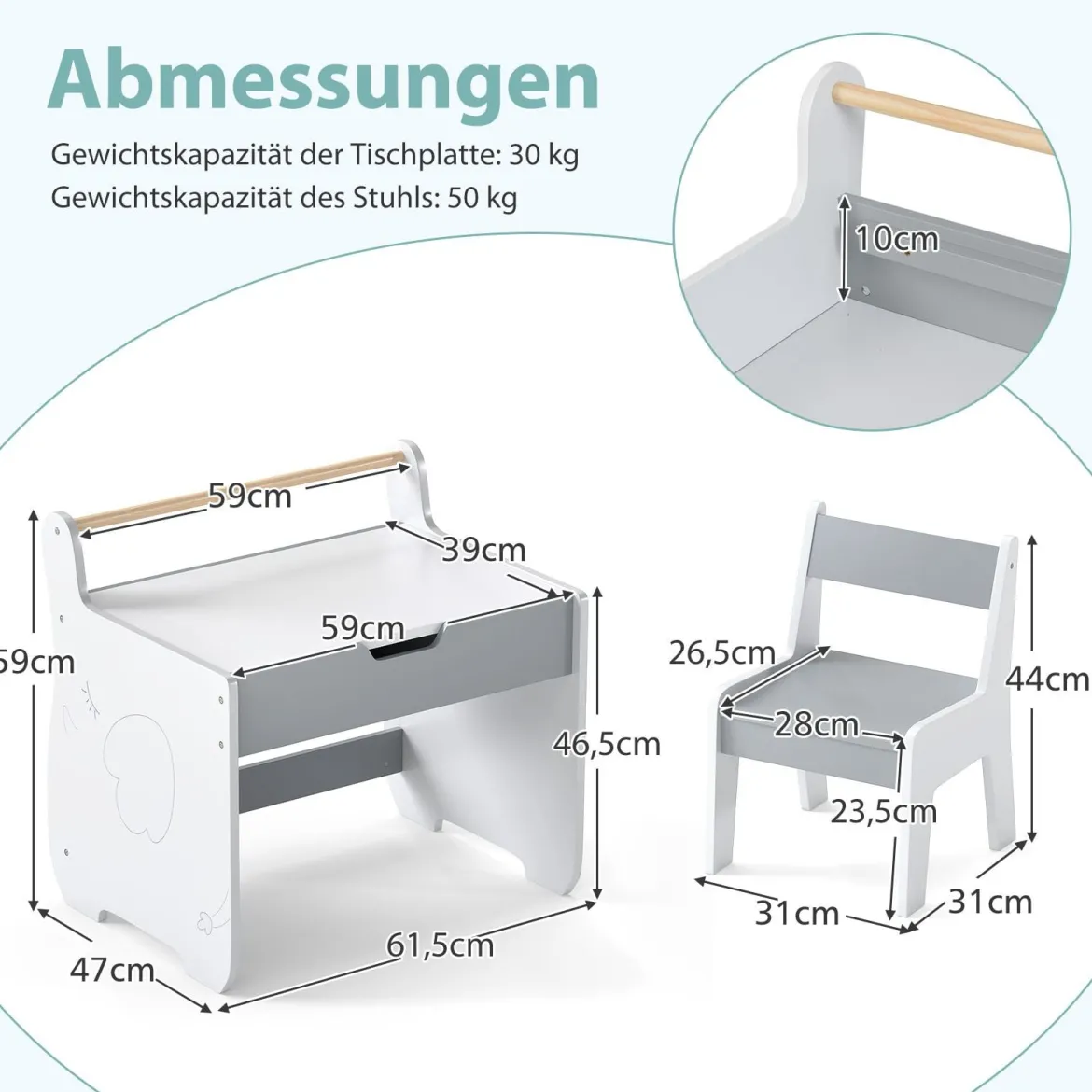 3 in 1 Holz Kindersitzgruppe mit Wendbarer & Abnembarer Tischplatte Kindertisch mit Stuhl Grau+Weiß