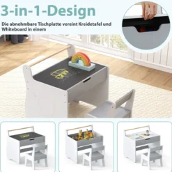 3 in 1 Holz Kindersitzgruppe mit Wendbarer & Abnembarer Tischplatte Kindertisch mit Stuhl Grau+Weiß