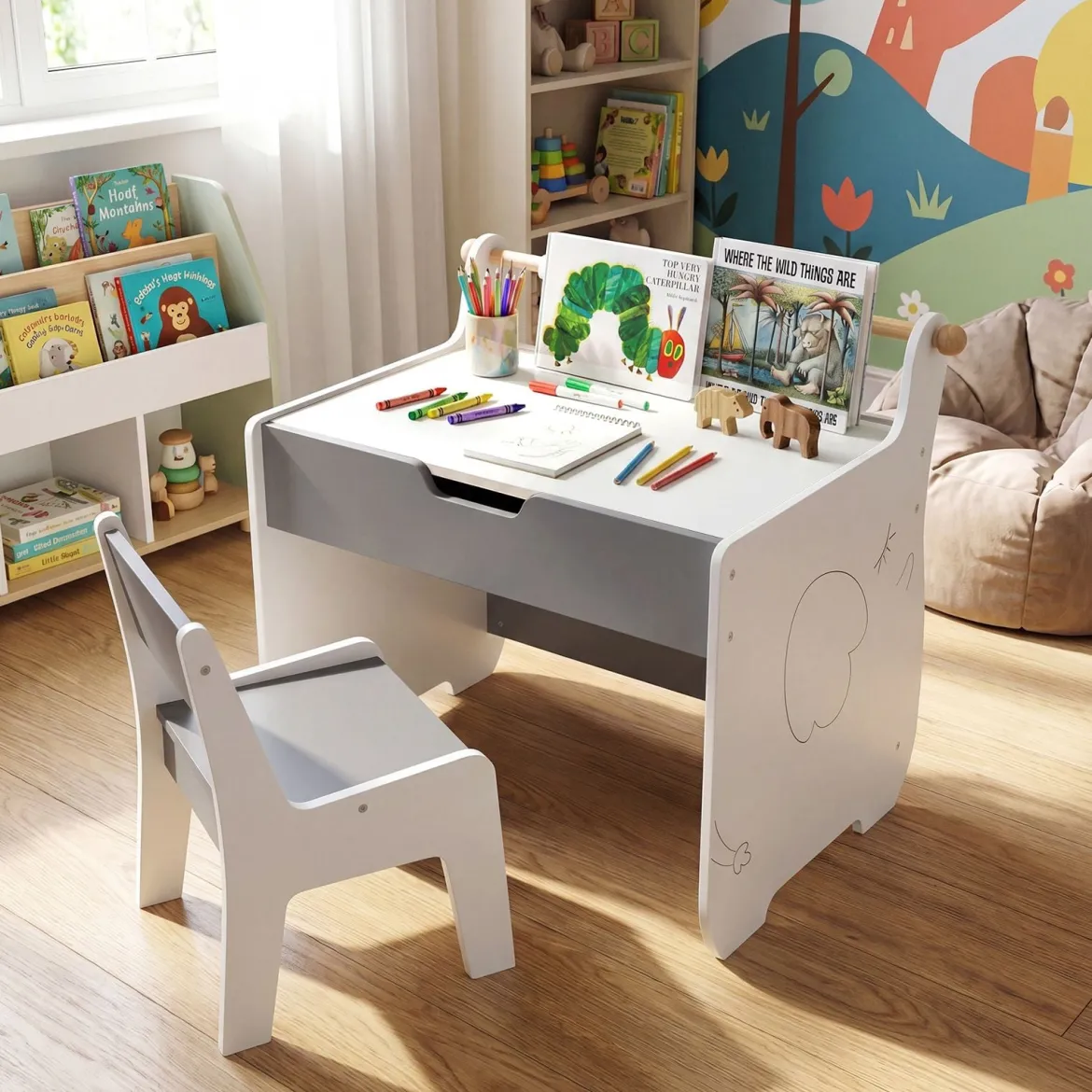 3 in 1 Holz Kindersitzgruppe mit Wendbarer & Abnembarer Tischplatte Kindertisch mit Stuhl Grau+Weiß