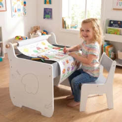 3 in 1 Holz Kindersitzgruppe mit Wendbarer & Abnembarer Tischplatte Kindertisch mit Stuhl Grau+Weiß
