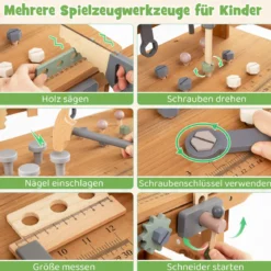 2-in-1 Holz-Kinderwagen & Werkzeugbank Spiel-Werkbank mit realistischen Werkzeugen Natur