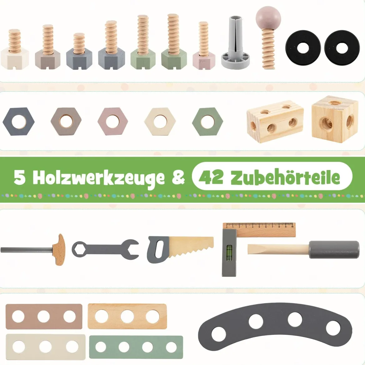 2-in-1 Holz-Kinderwagen & Werkzeugbank Spiel-Werkbank mit realistischen Werkzeugen Natur
