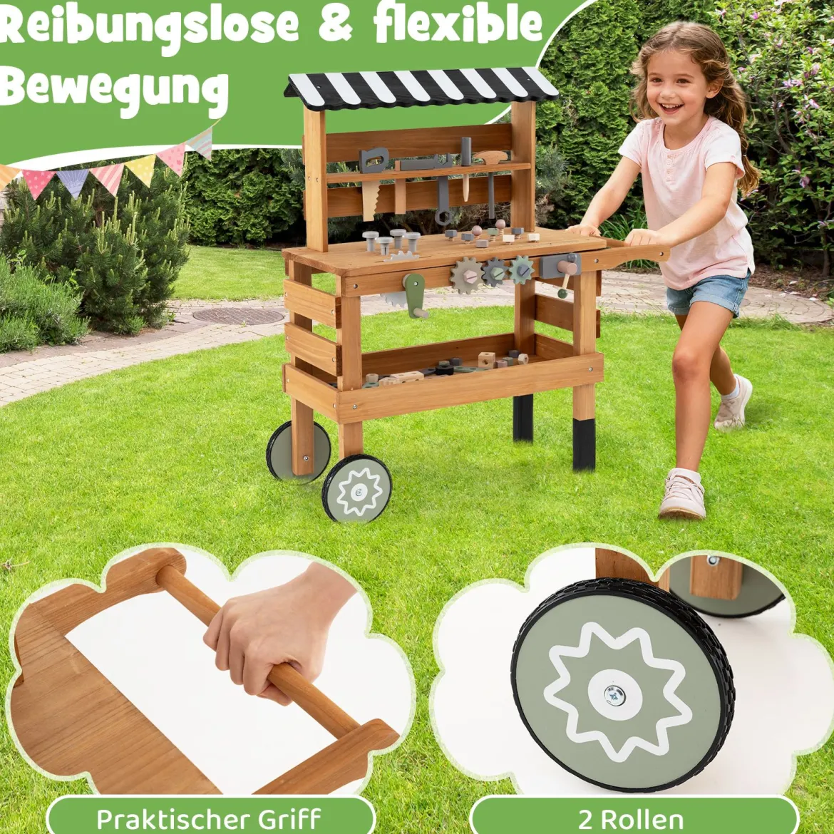 2-in-1 Holz-Kinderwagen & Werkzeugbank Spiel-Werkbank mit realistischen Werkzeugen Natur