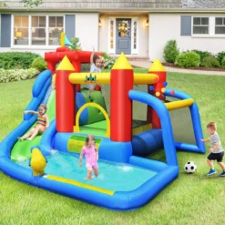 7 in 1 Hüpfburg und 450W Gebläse Kombination mit Wasserrutsche Outdoor Bouncer Spielpool mit Luftgebläse 350x315x245cm