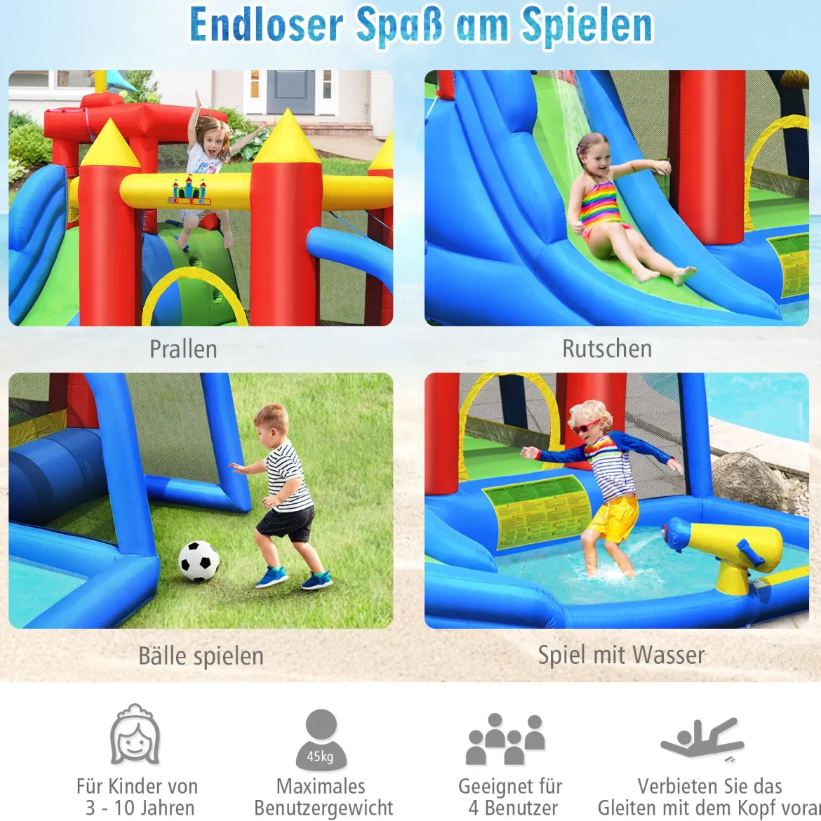 7 in 1 Hüpfburg und 450W Gebläse Kombination mit Wasserrutsche Outdoor Bouncer Spielpool mit Luftgebläse 350x315x245cm