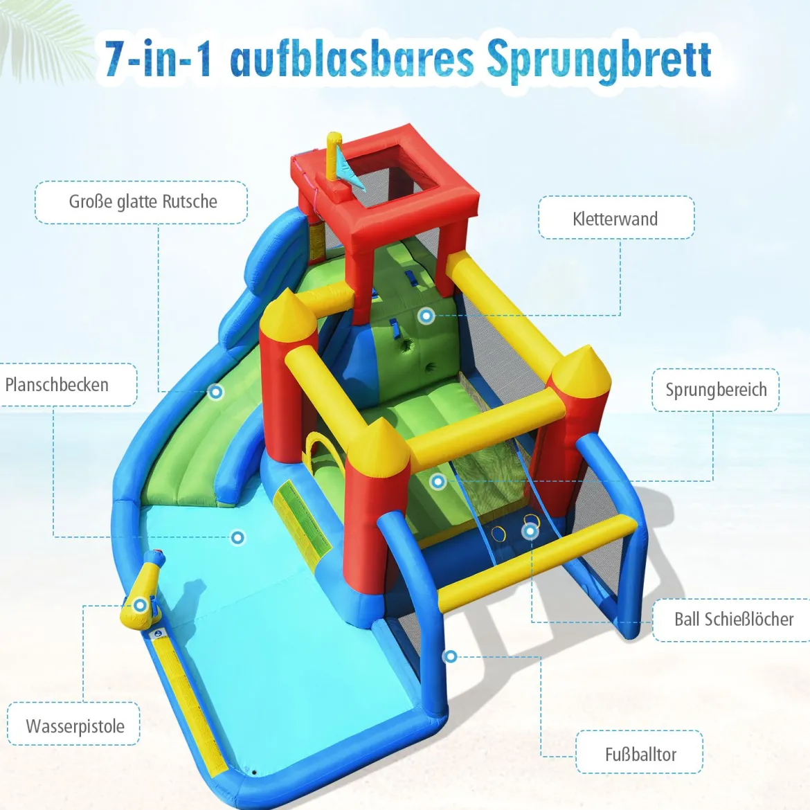 7 in 1 Hüpfburg und 450W Gebläse Kombination mit Wasserrutsche Outdoor Bouncer Spielpool mit Luftgebläse 350x315x245cm