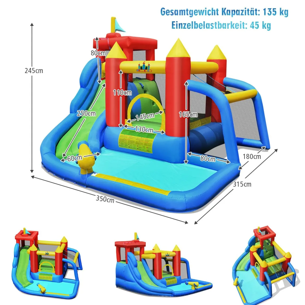 7 in 1 Hüpfburg und 450W Gebläse Kombination mit Wasserrutsche Outdoor Bouncer Spielpool mit Luftgebläse 350x315x245cm