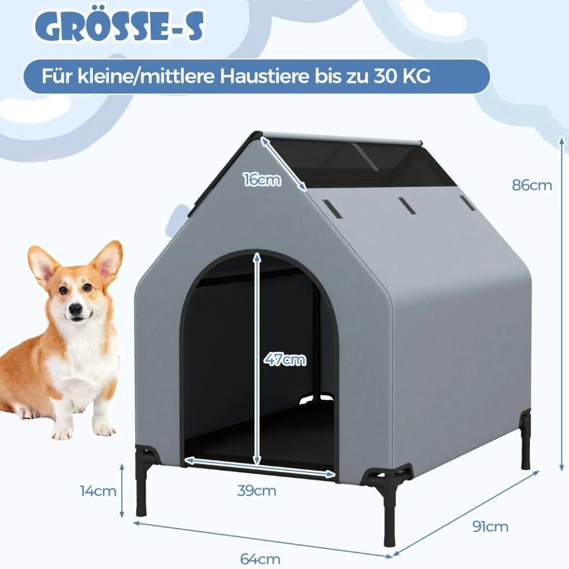 2 in 1 Hundehütte & erhöhtes Hundebett Hundeliege Outdoor Haustierhaus mit atmungsaktivem Netzgewebe Grau