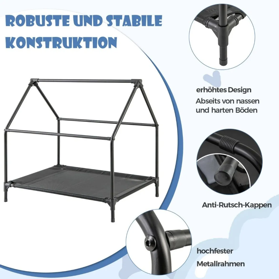 2 in 1 Hundehütte & erhöhtes Hundebett Hundeliege Outdoor Haustierhaus mit atmungsaktivem Netzgewebe Grau