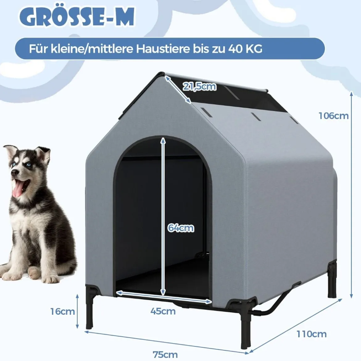 2 in 1 Hundehütte & erhöhtes Hundebett Hundeliege Outdoor Haustierhaus mit atmungsaktivem Netzgewebe Grau