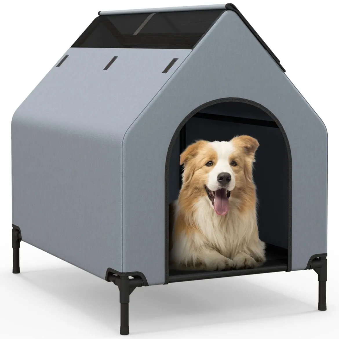 2 in 1 Hundehütte & erhöhtes Hundebett Hundeliege Outdoor Haustierhaus mit atmungsaktivem Netzgewebe Grau