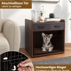 2 in 1 Hundekäfig Beistelltisch mit Abschließbarer Tür & 2 Stoffschubladen Tierkäfig Hundebox
